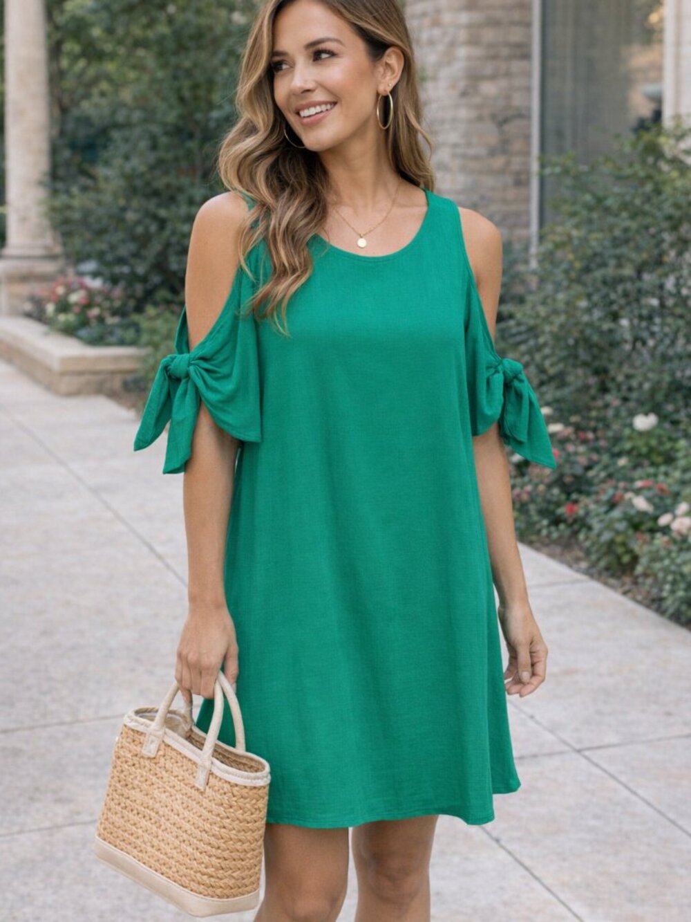 Soft Surroundings Green Cold Shoulder Dress